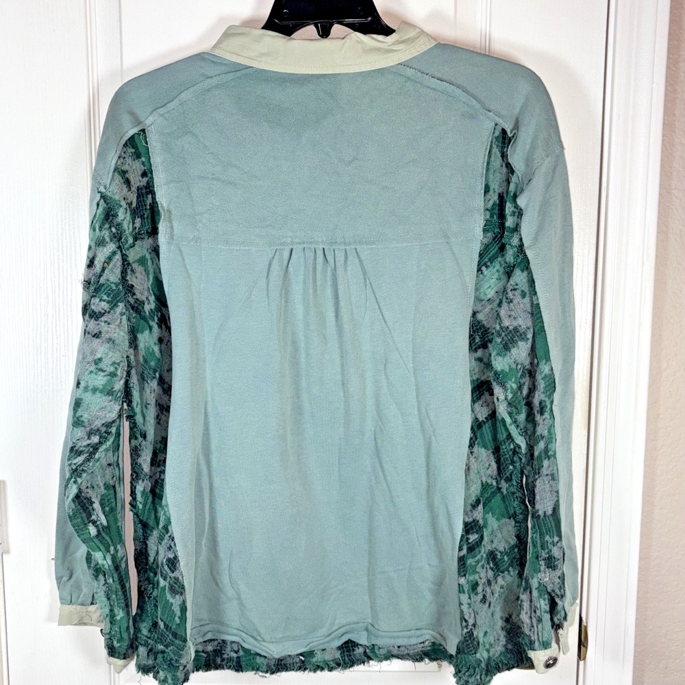 POL Women's Shacket XL NWOT Sage Green Black Patchwork Button Down Cotton Collar - Picture 4 of 8